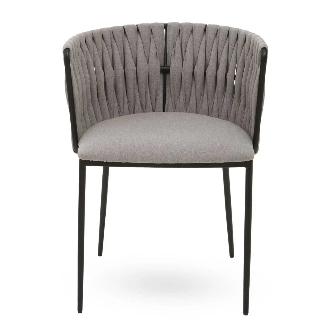 Grey fabric dining chair with textured backrest and black metal legs, front view