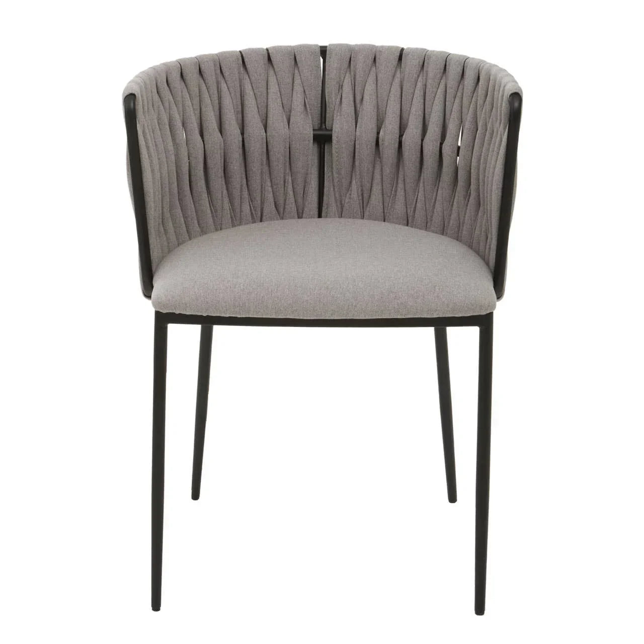Modern grey fabric dining chair with black metal legs and curved woven backrest