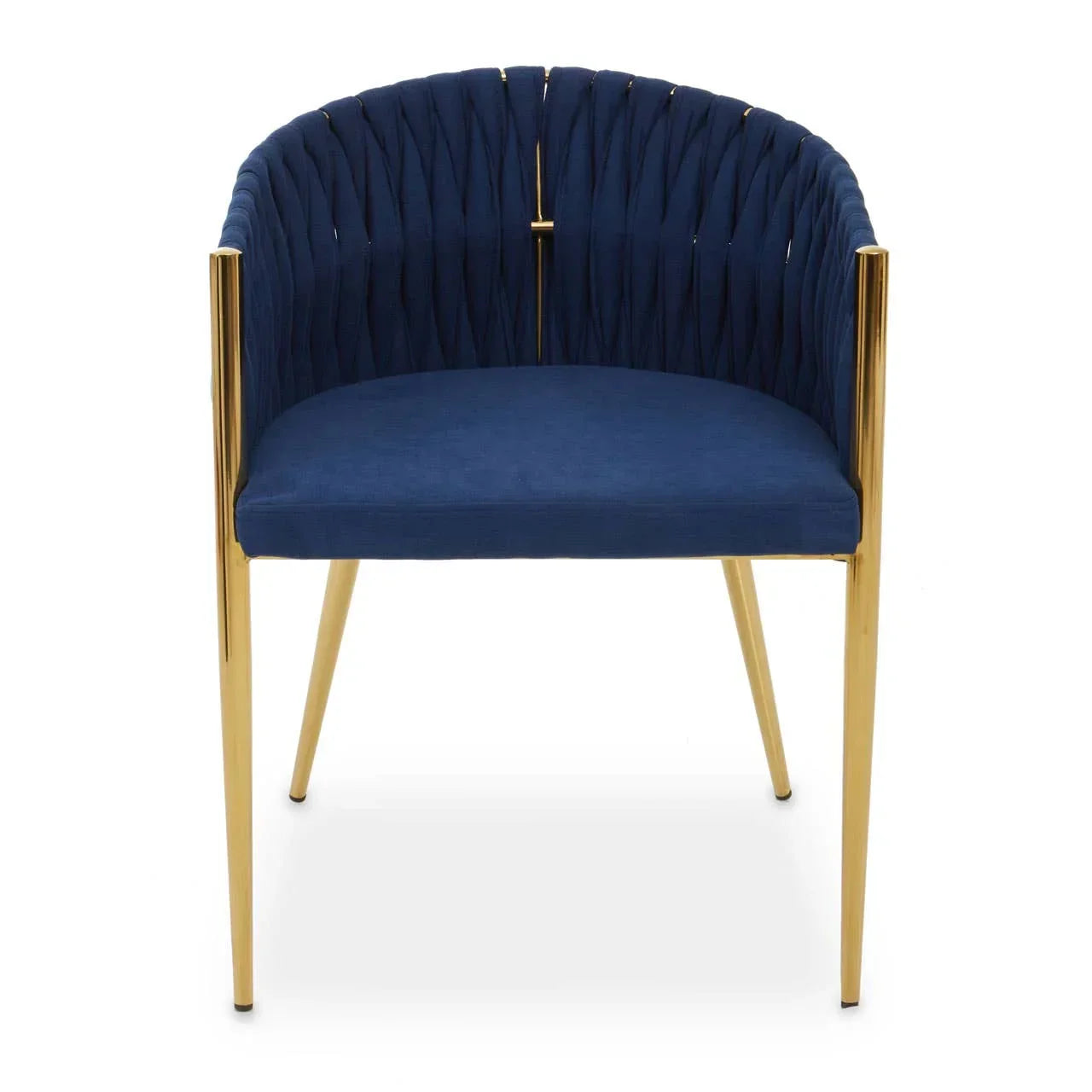 Blue velvet accent chair with gold metal legs and curved backrest, front view