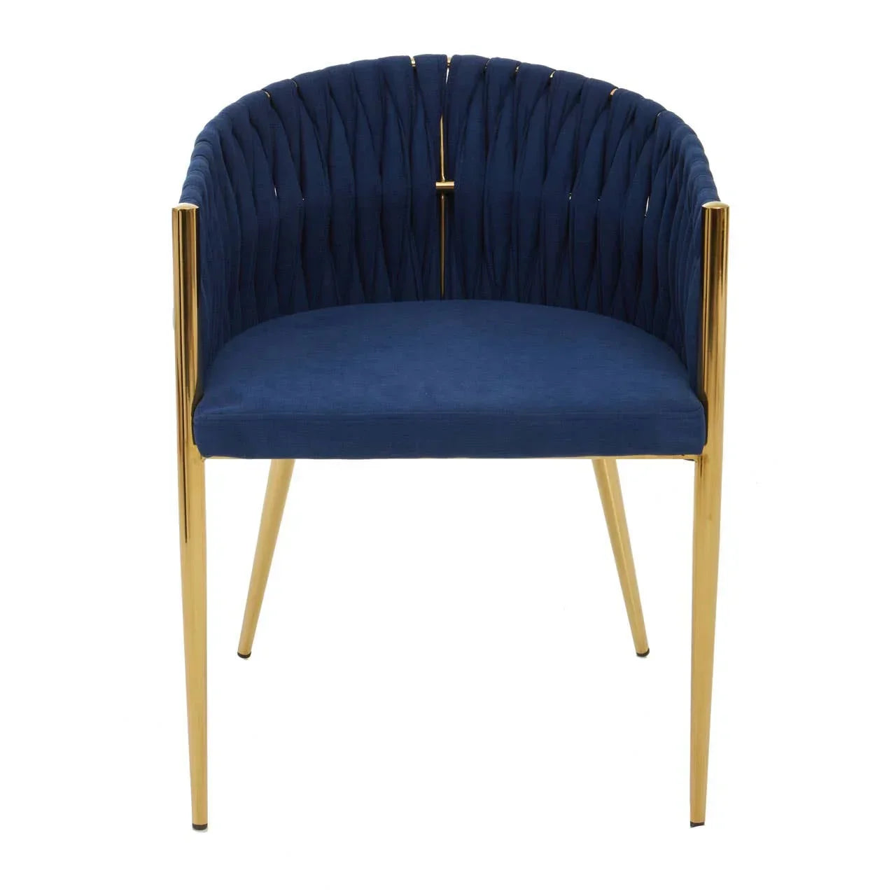 Blue velvet accent chair with gold metal legs and curved backrest, front view