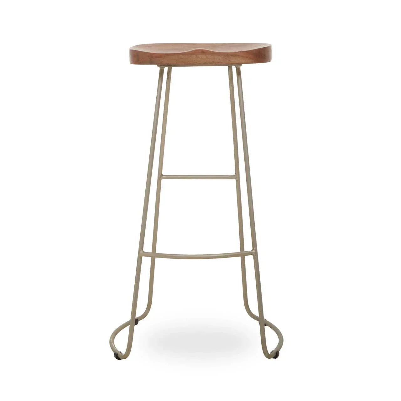 Wooden seat bar stool with light metal legs, front angle view
