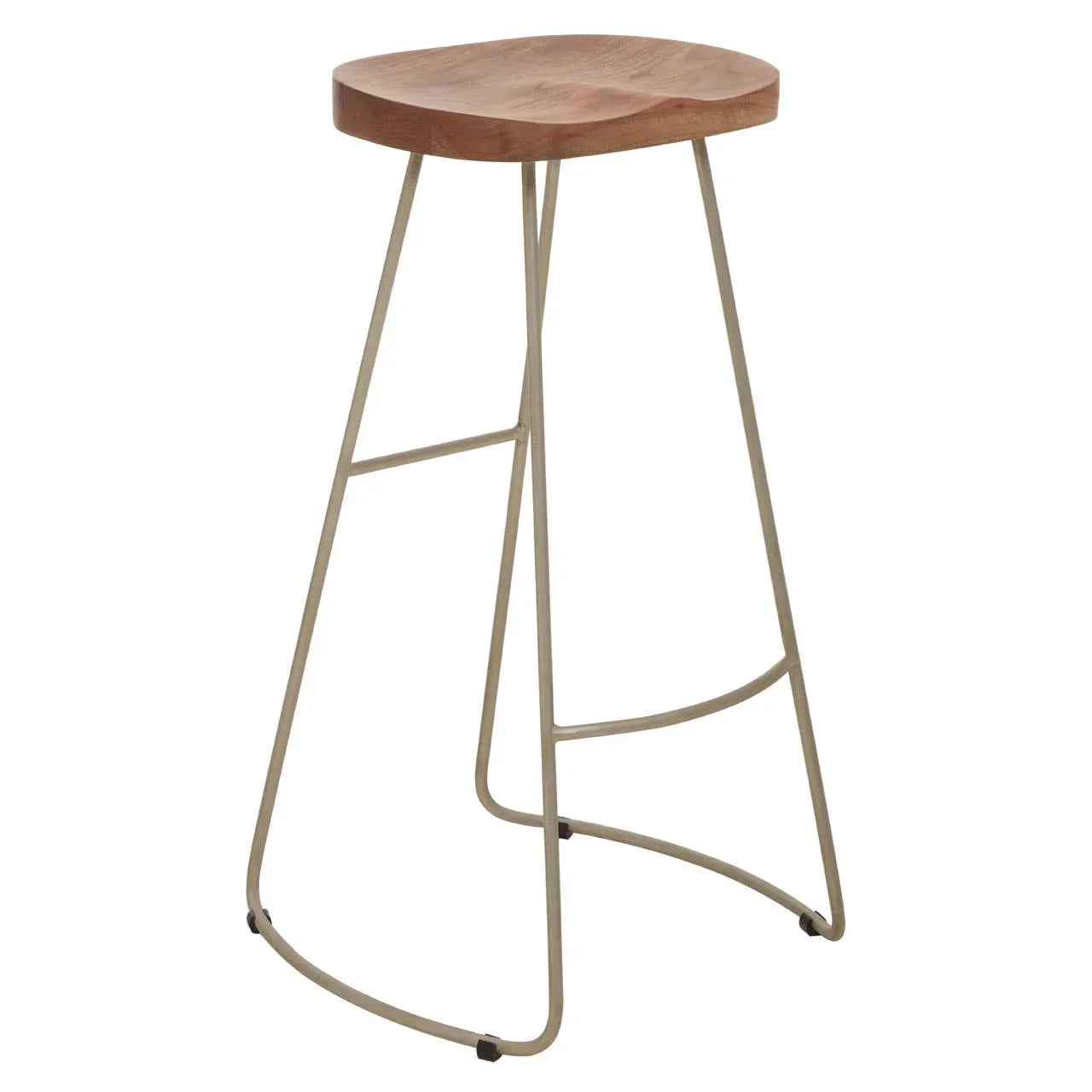 Natural wood bar stool with beige metal frame and curved seat