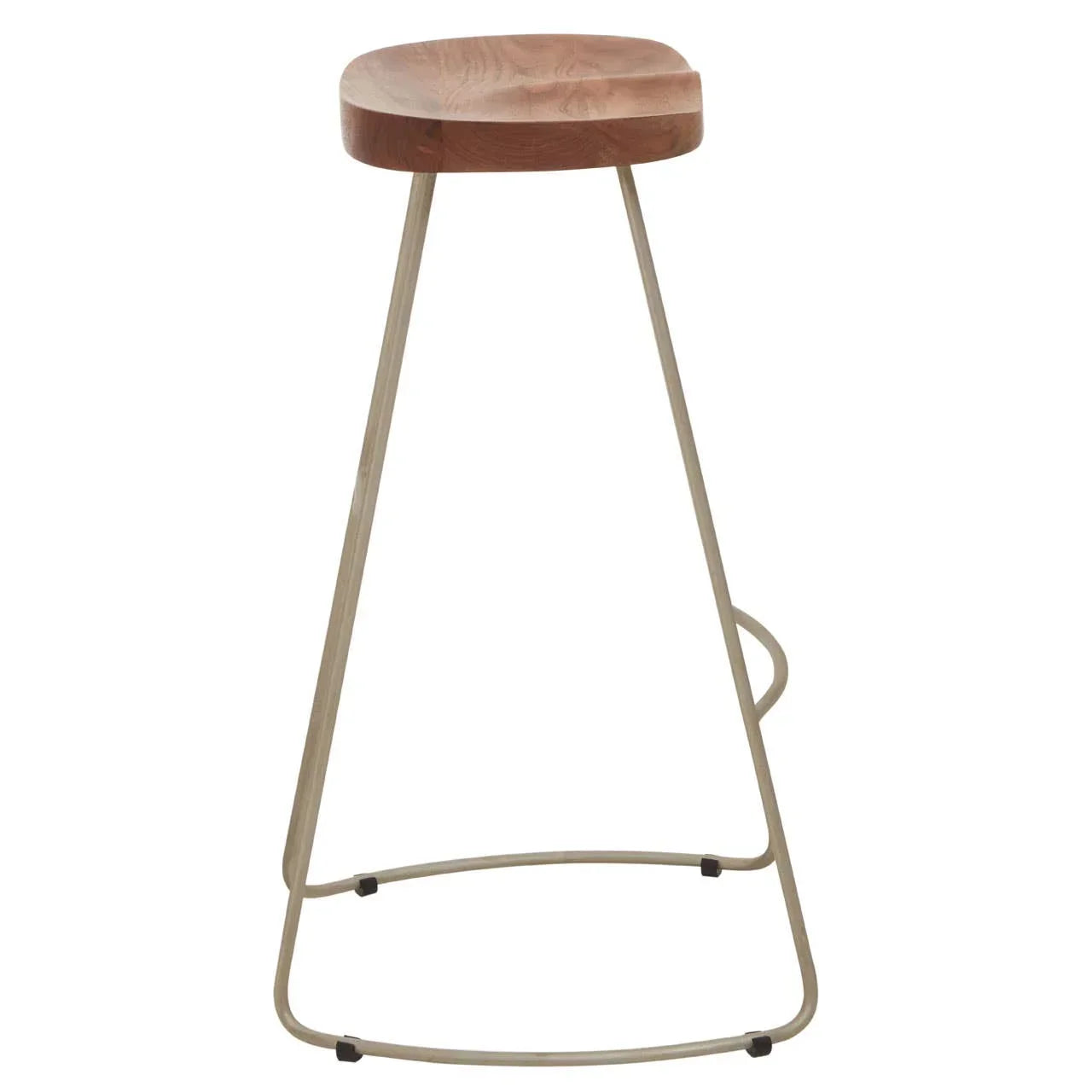 Wooden bar stool with metal legs and curved seat, front angle view