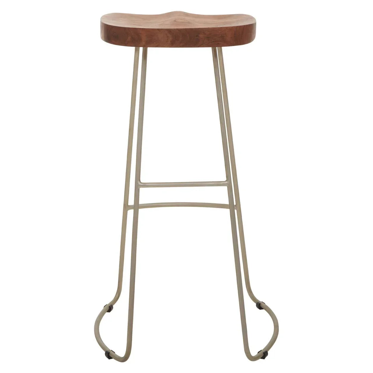 Wood seat bar stool with beige metal legs and contoured top, front view