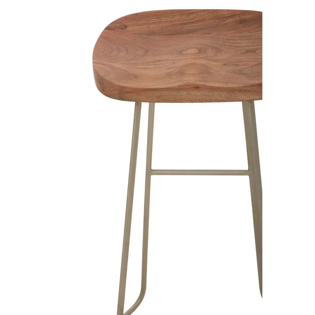 Walnut wood bar stool seat with beige metal legs, partial side angle
