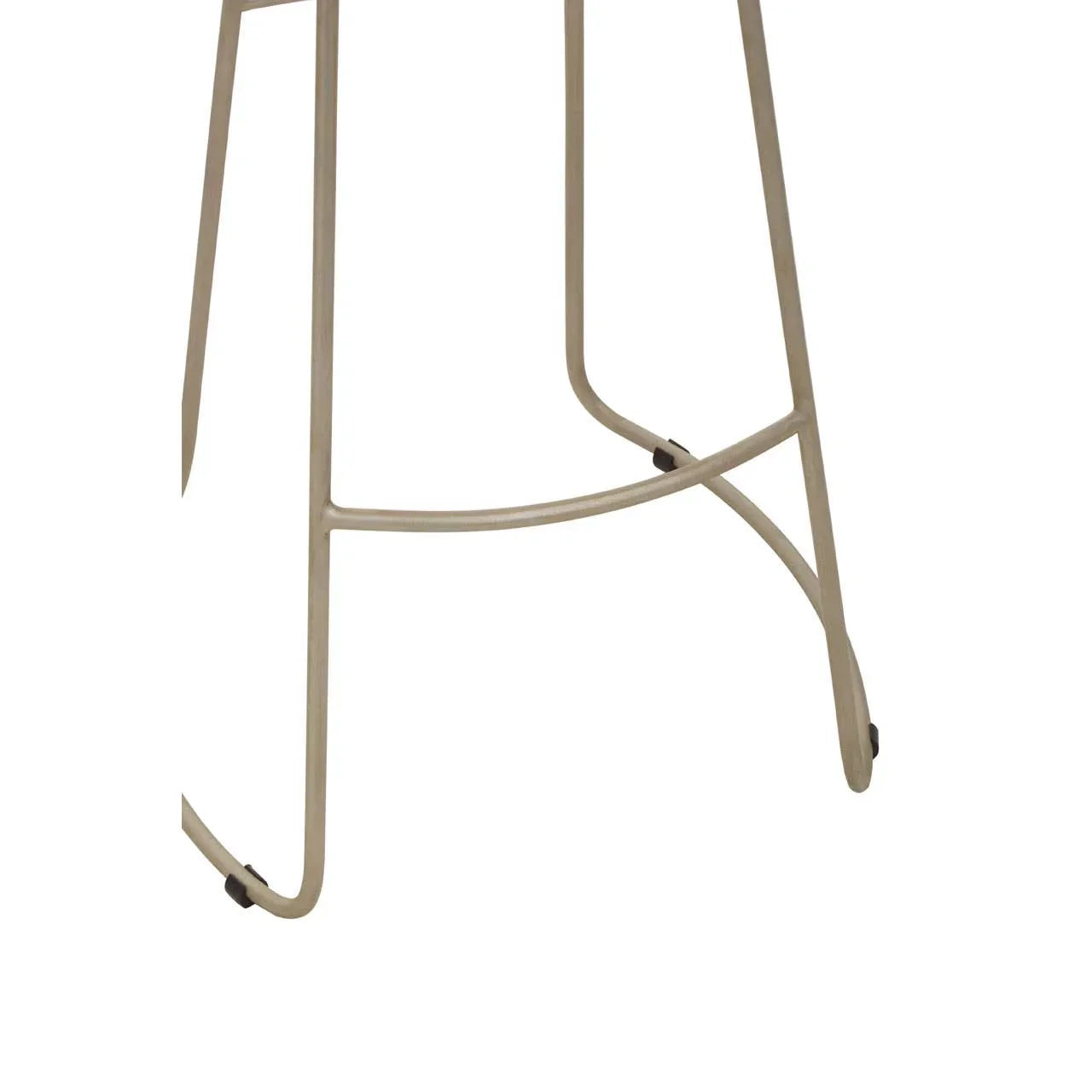 Close-up of beige metal bar stool legs with curved footrest and floor protectors