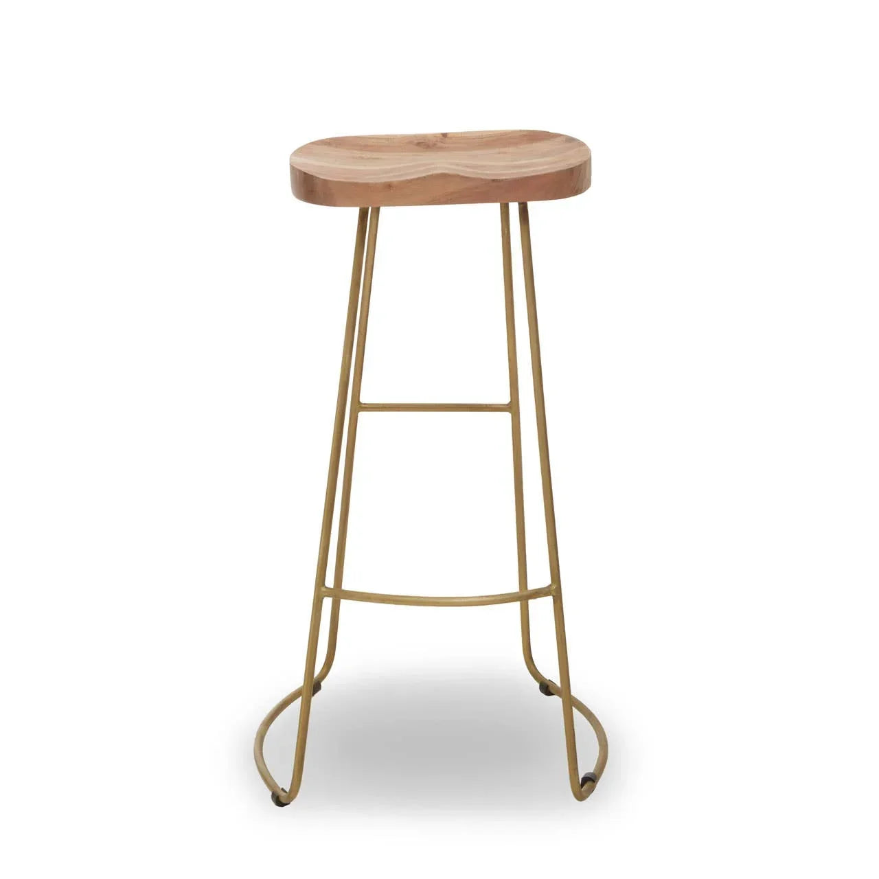 Wooden bar stool with contoured seat and slim metal legs on white background
