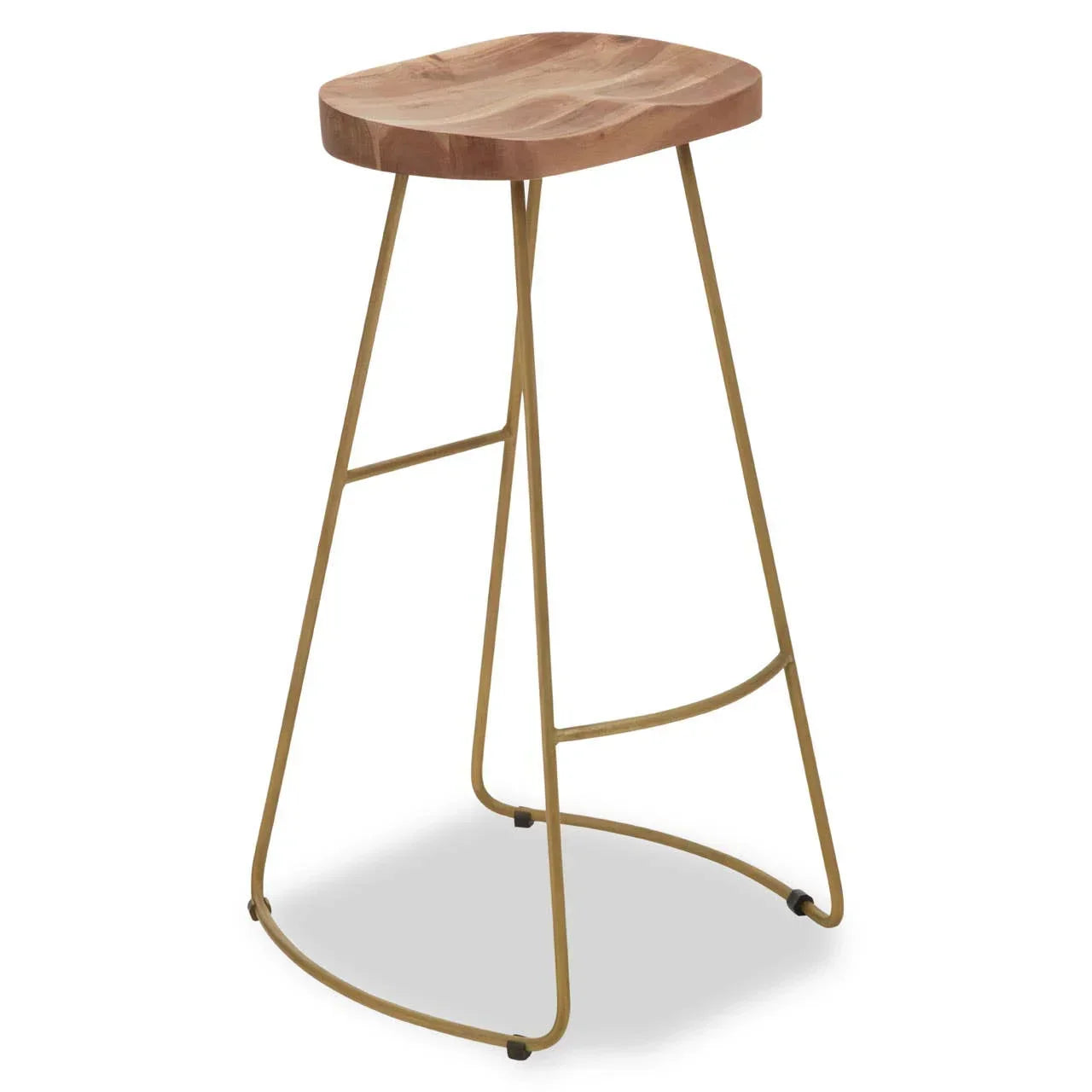 Wooden bar stool with contoured seat and gold metal frame, side angle view
