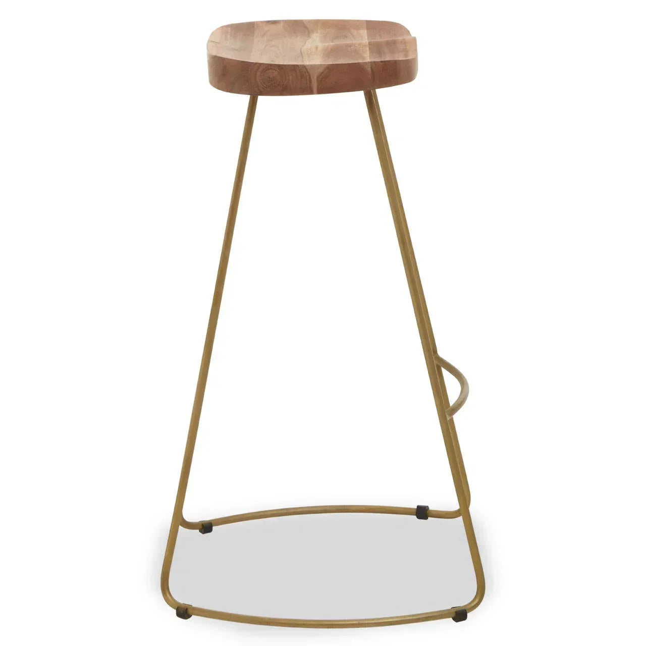 Wooden bar stool with gold metal frame and integrated footrest, front angle view