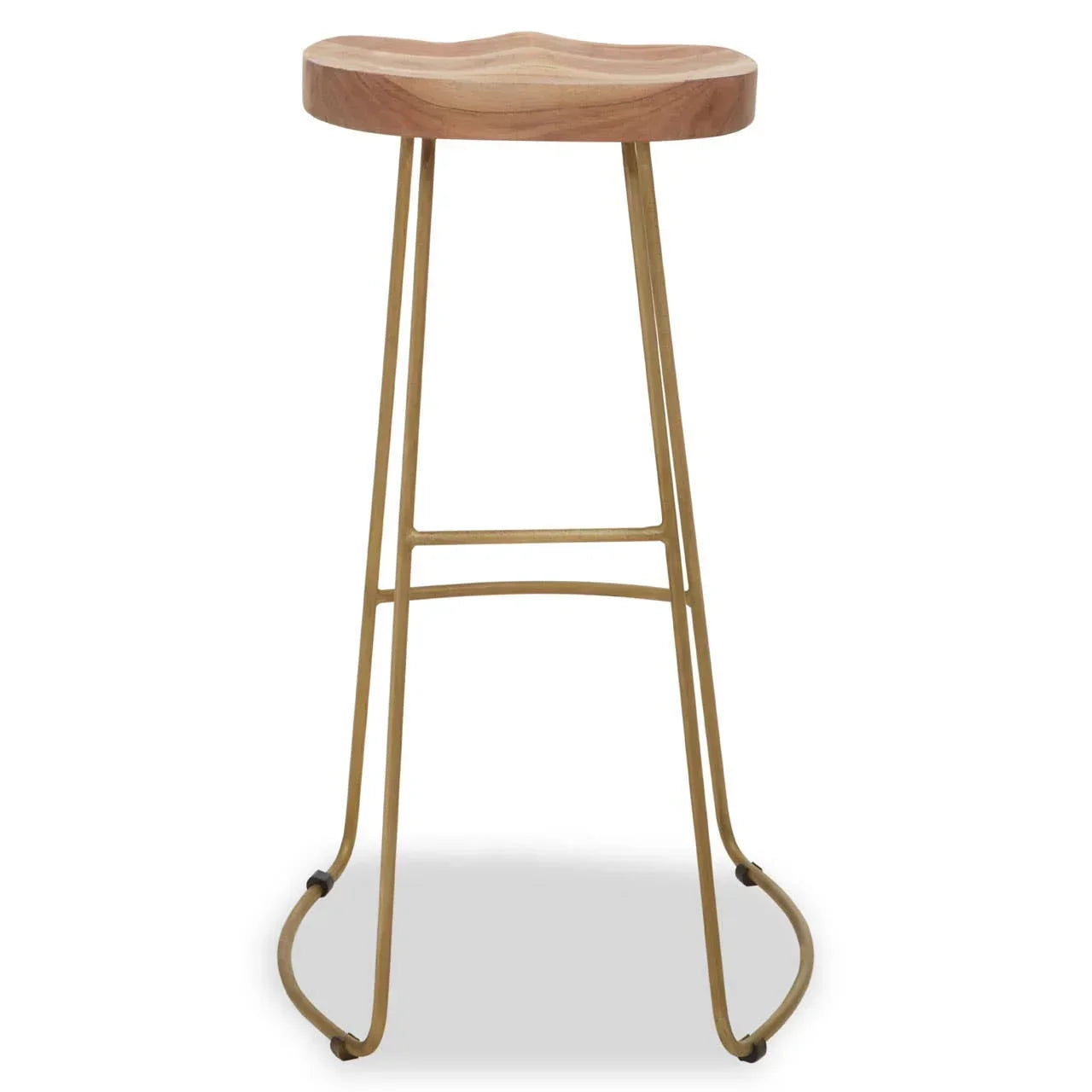 Wooden bar stool with contoured seat and gold metal frame, front view