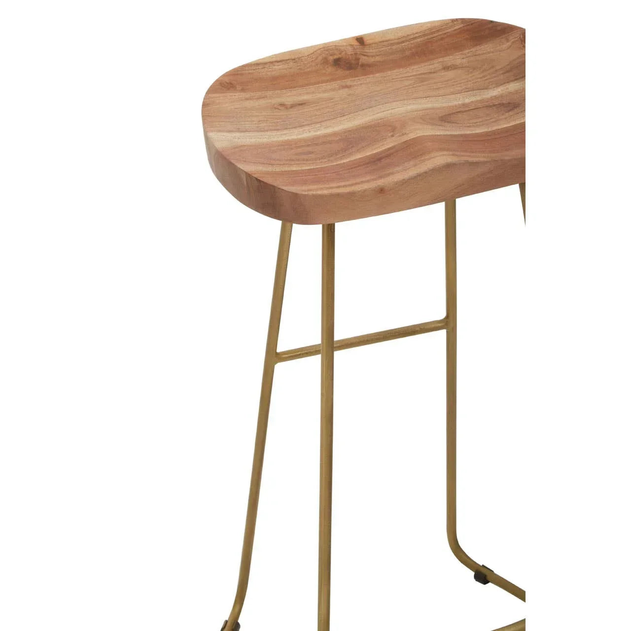 Wooden bar stool with metal legs and curved seat, partial side view