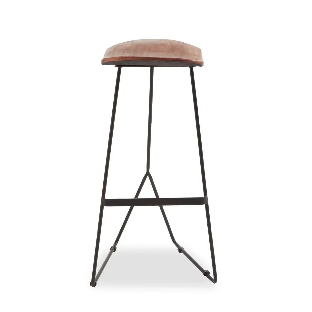 Wood top bar stool with black metal legs front view
