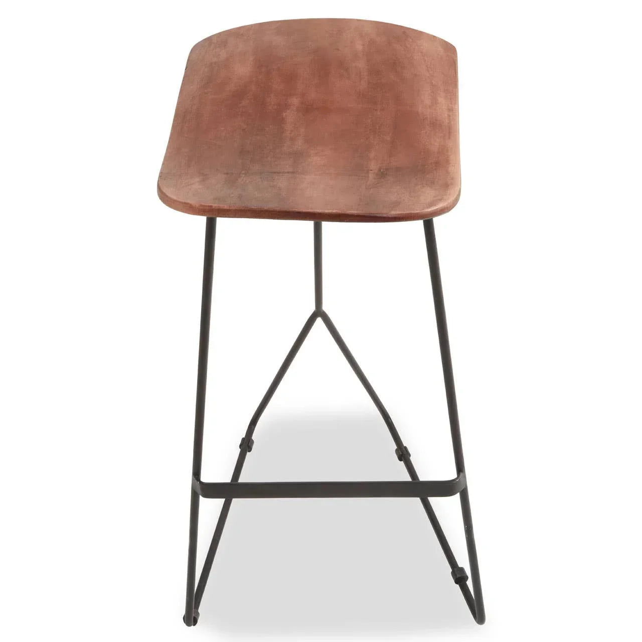 Brown wooden bar stool with black metal legs, front view