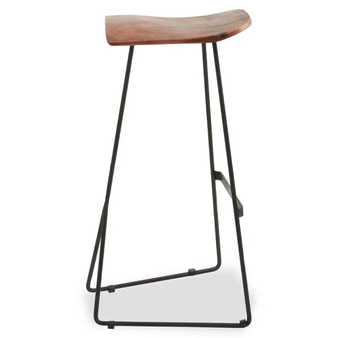 Walnut wood bar stool with curved seat and black metal frame, side profile view