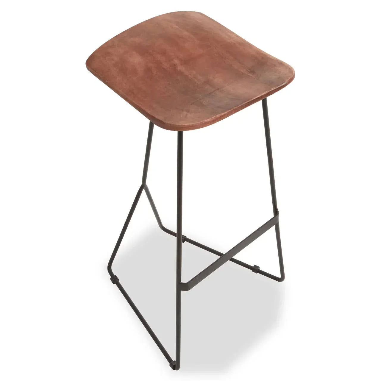 Brown wooden bar stool with square seat and black metal legs, angled front view