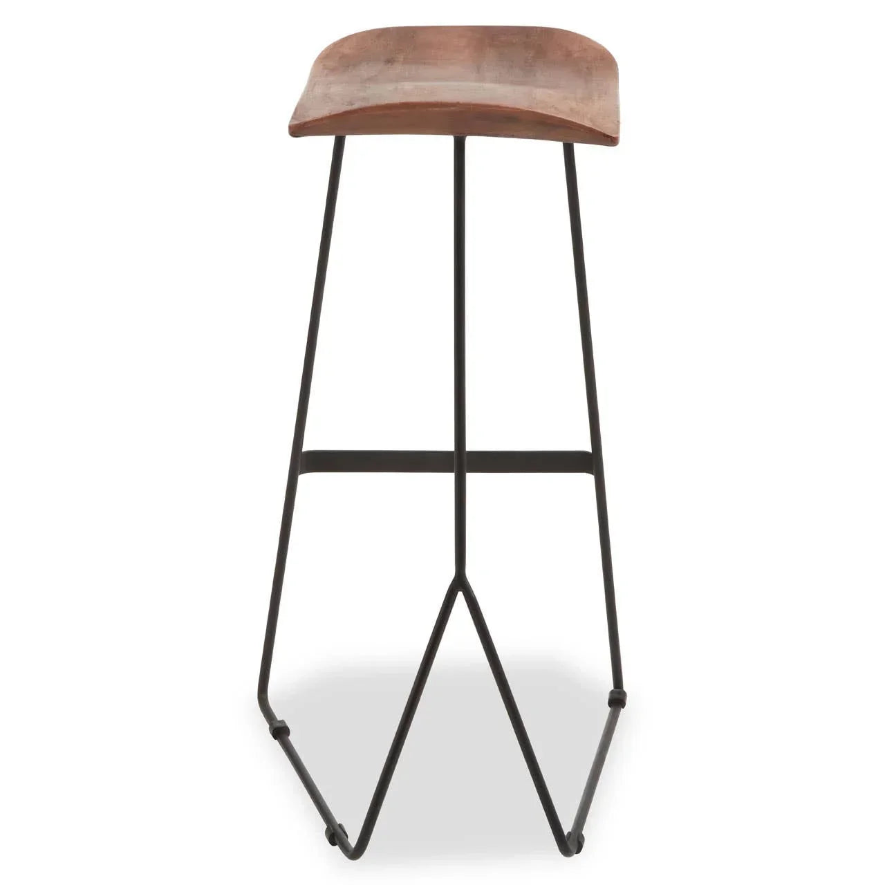 Wooden bar stool with curved seat and black metal frame, front view