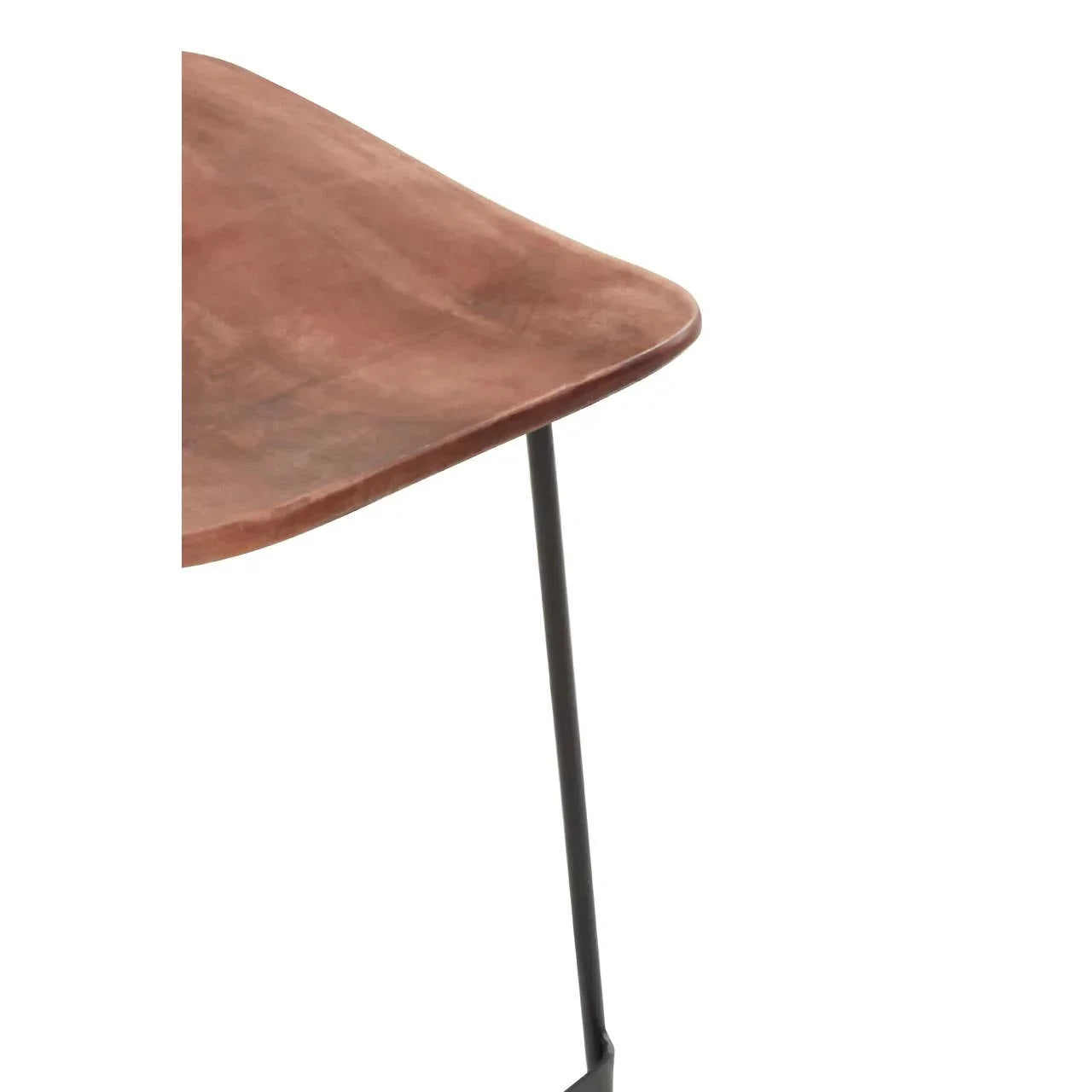 Close view of brown wooden chair seat with black metal leg