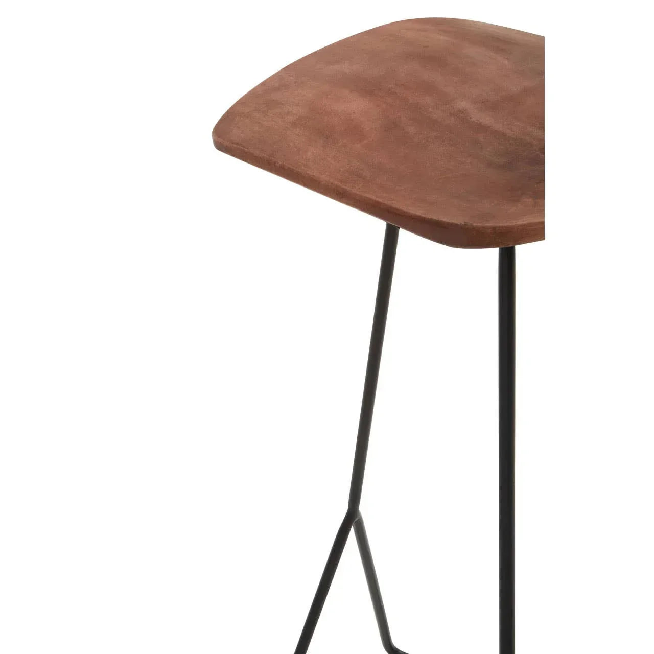 Close-up of wooden stool seat with black metal legs