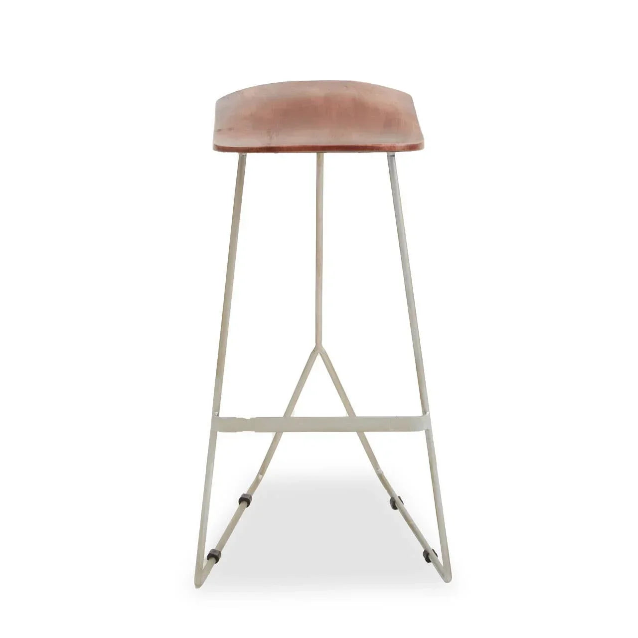 Wooden seat bar stool with metal legs, front view on white background