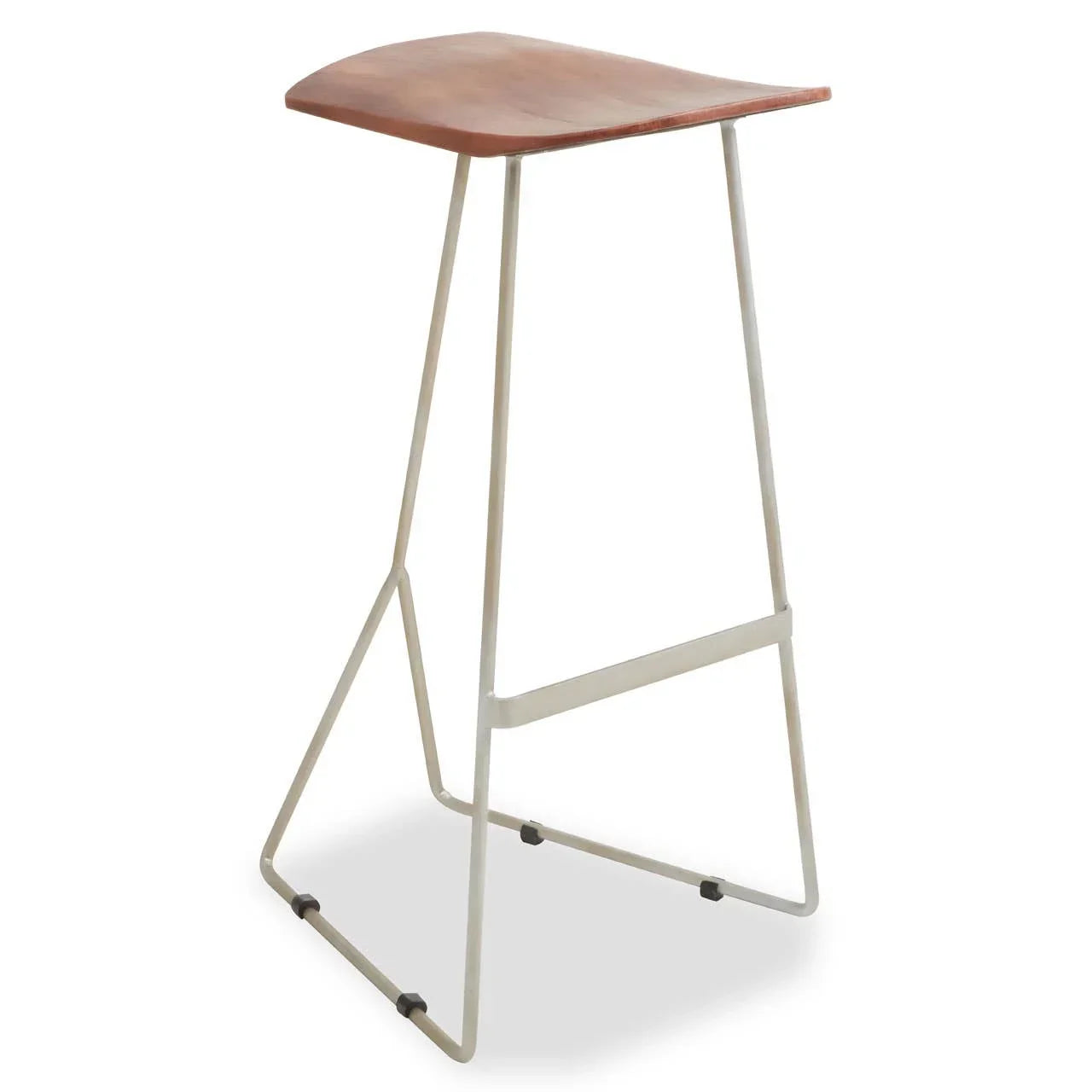 Modern bar stool with wooden seat and white metal frame, side angle view
