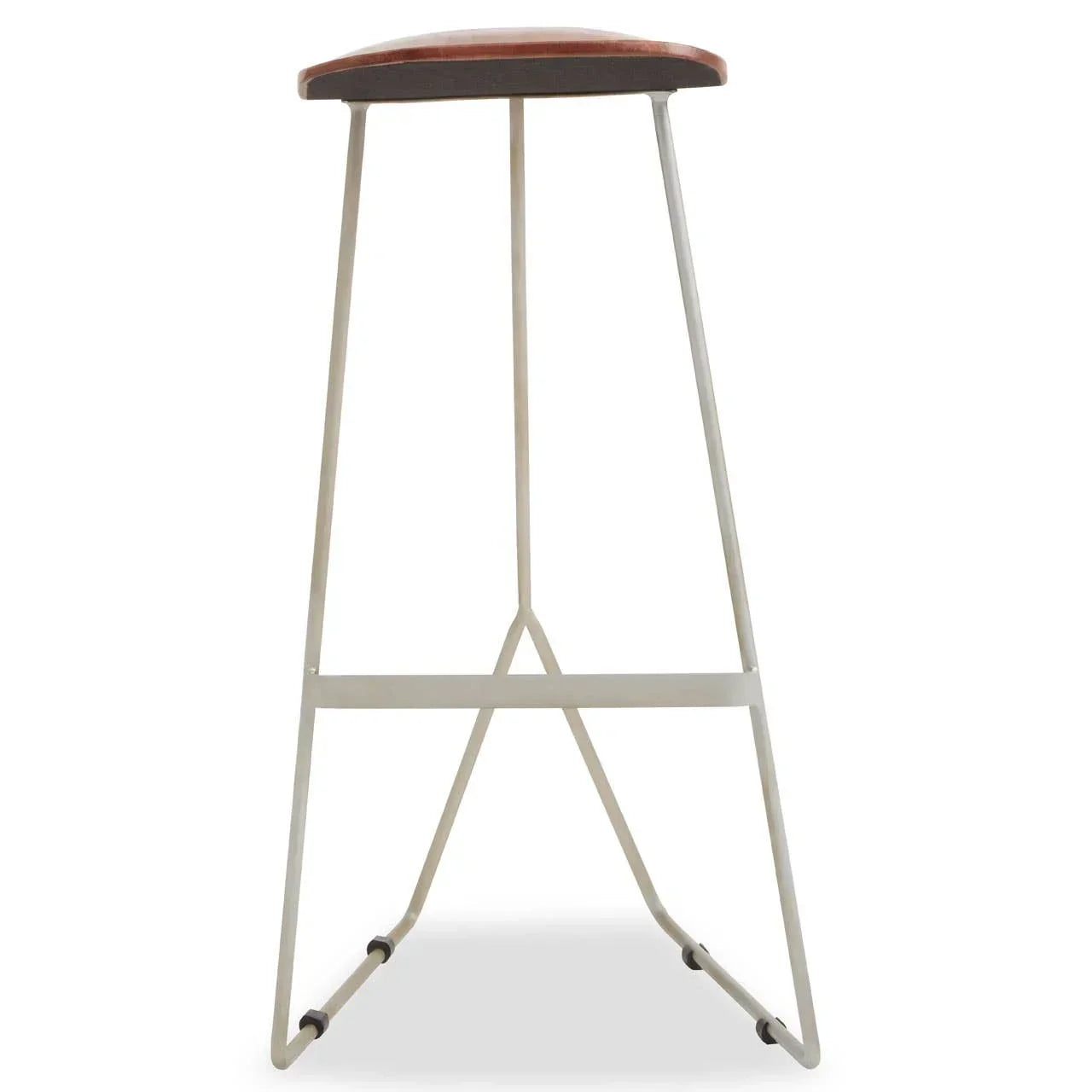 Industrial bar stool with brown seat and metal frame, front view