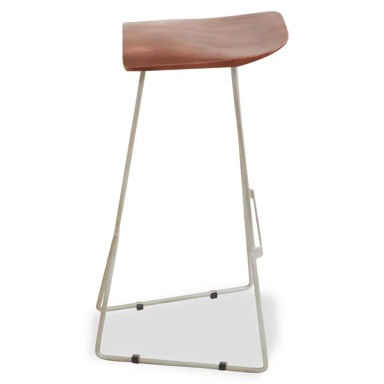 Wooden bar stool with metal frame and curved seat, side angle