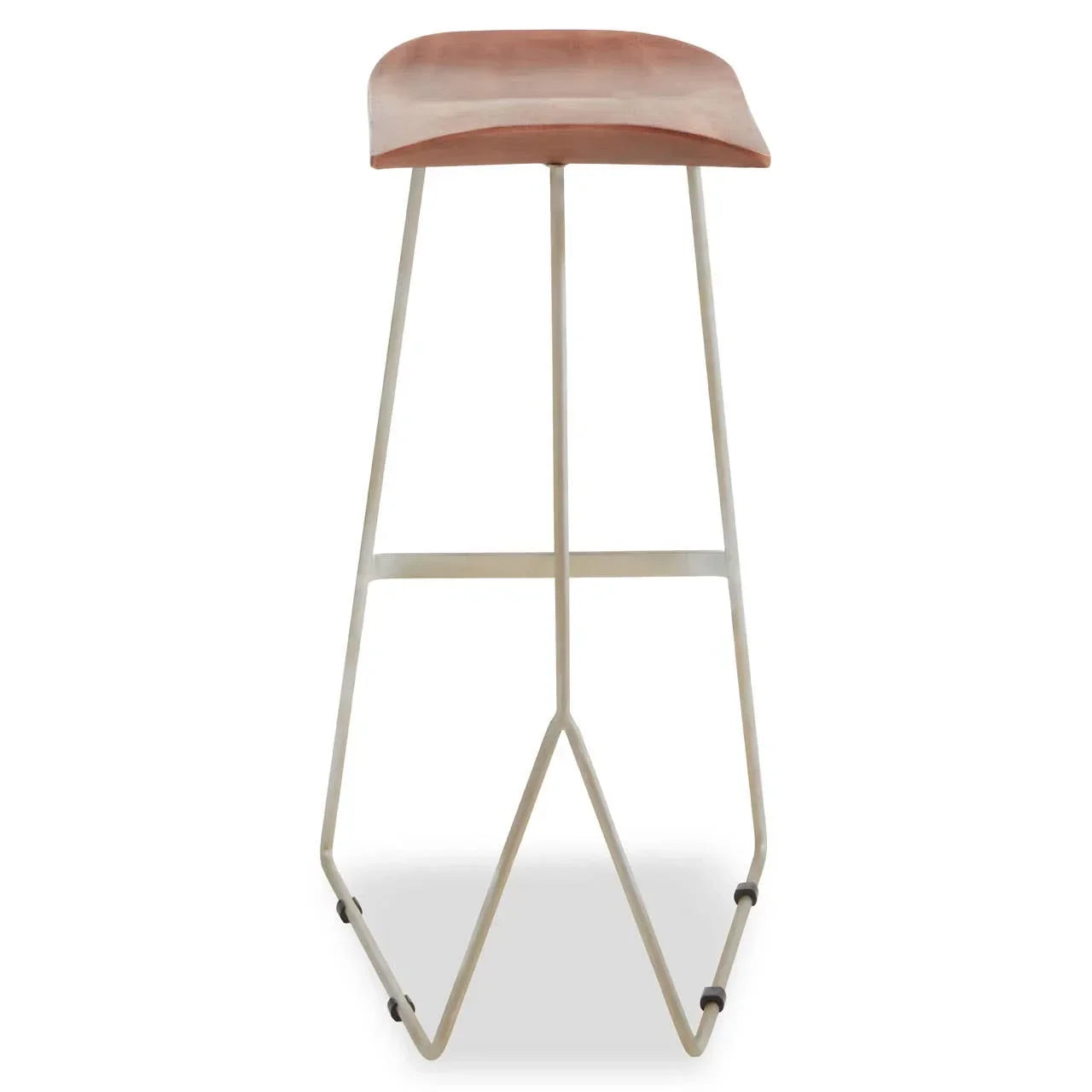 Brown wooden bar stool with curved seat and metal frame, rear view