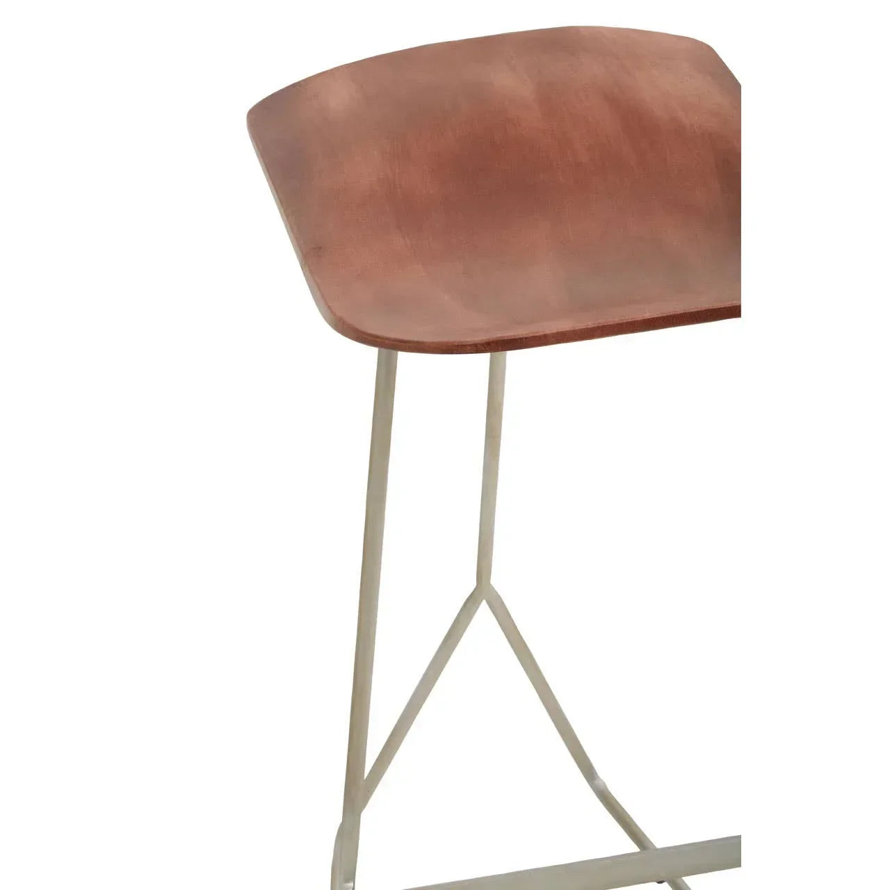 Walnut wood bar stool seat with silver metal legs, close view