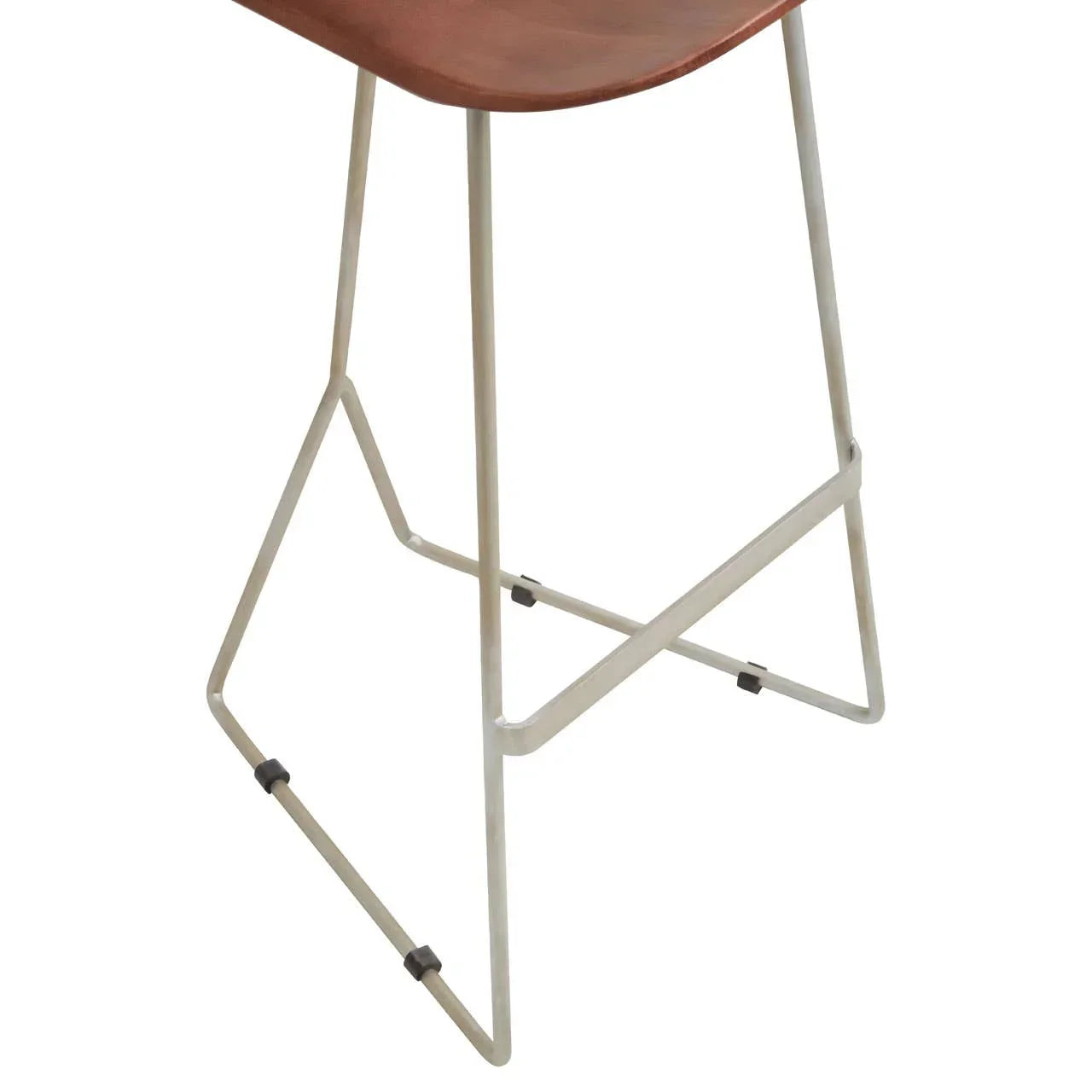 Brown wooden bar stool seat with white metal frame and geometric base detail