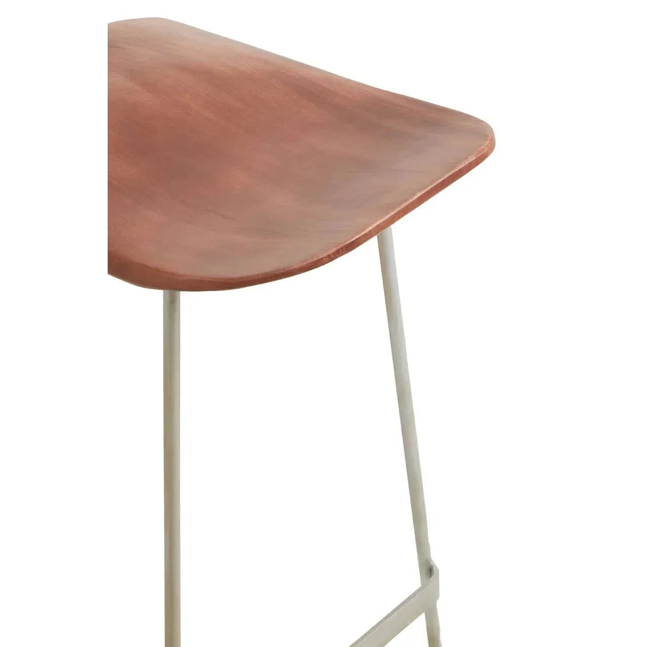 Walnut wood bar stool seat with metal legs, close-up side angle