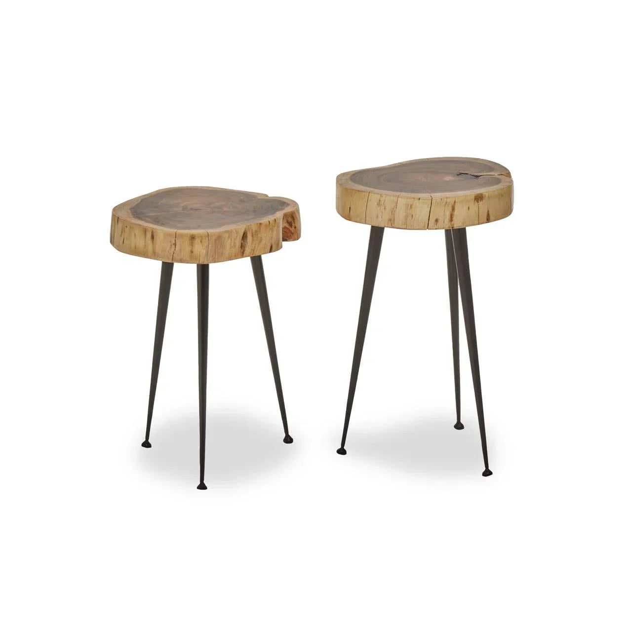 Pair of wooden nest tables with live edge tops and black metal hairpin legs
