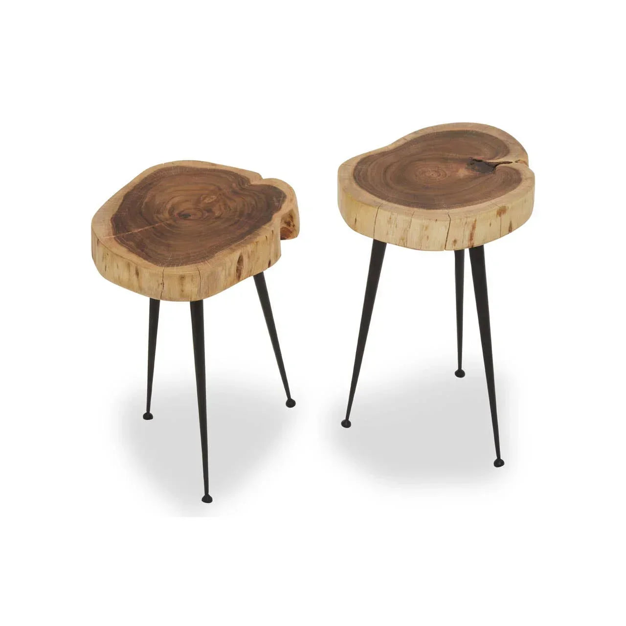 Pair of wooden side tables with live edge tops and black metal hairpin legs