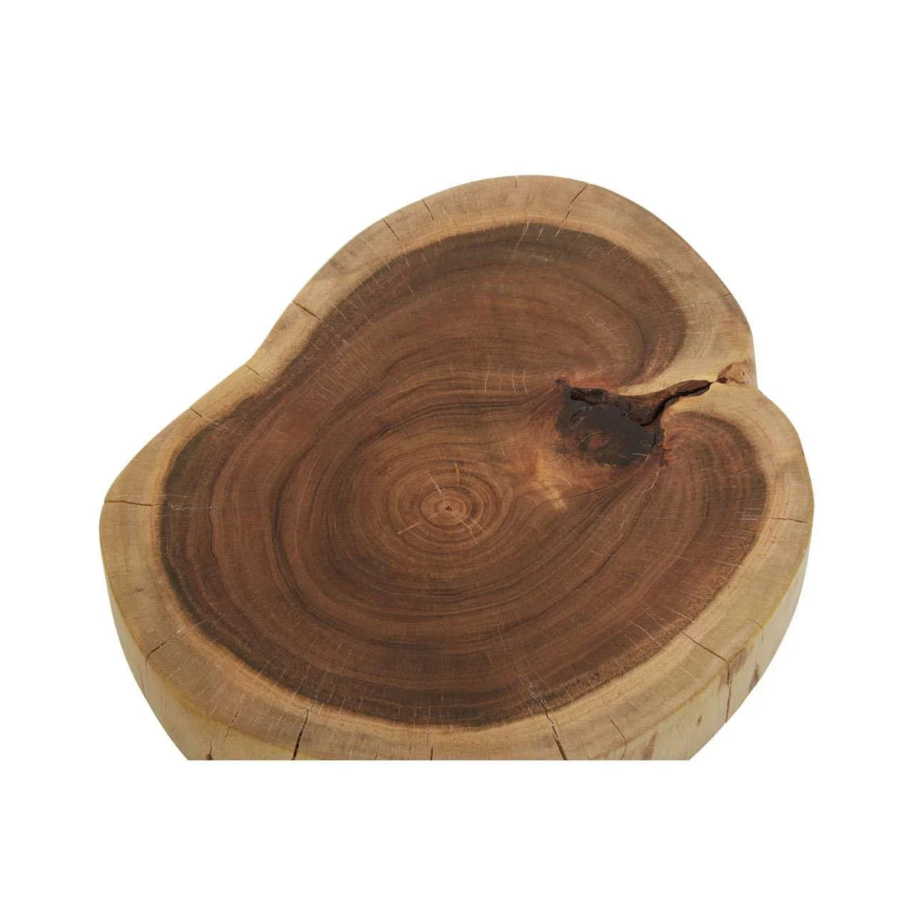 Round wooden side table top with natural grain and unique knot texture