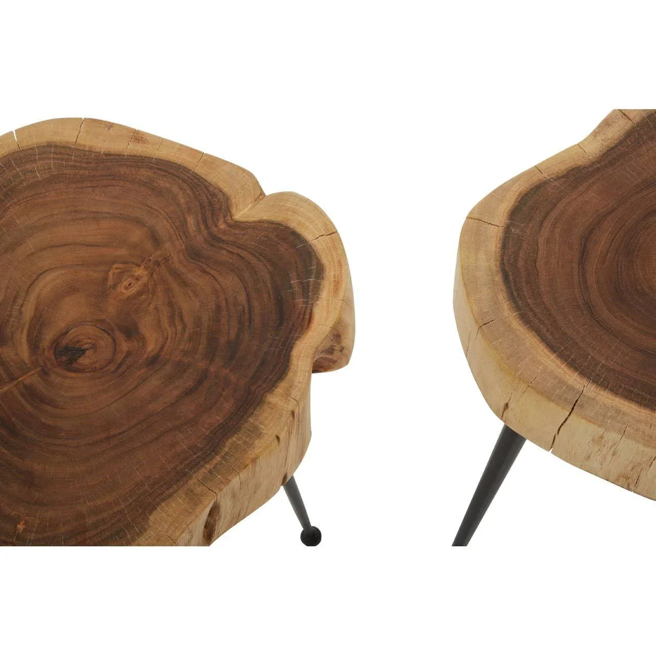 Live edge wooden side table set with black metal legs, natural wood grain detail