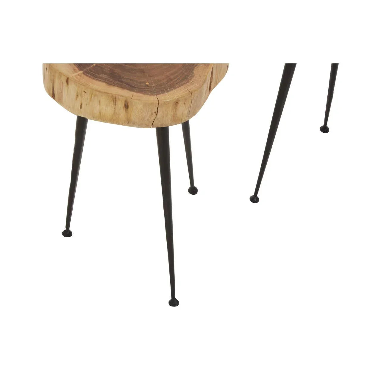 Live edge wood side table with black metal legs, close view of tabletop and leg design