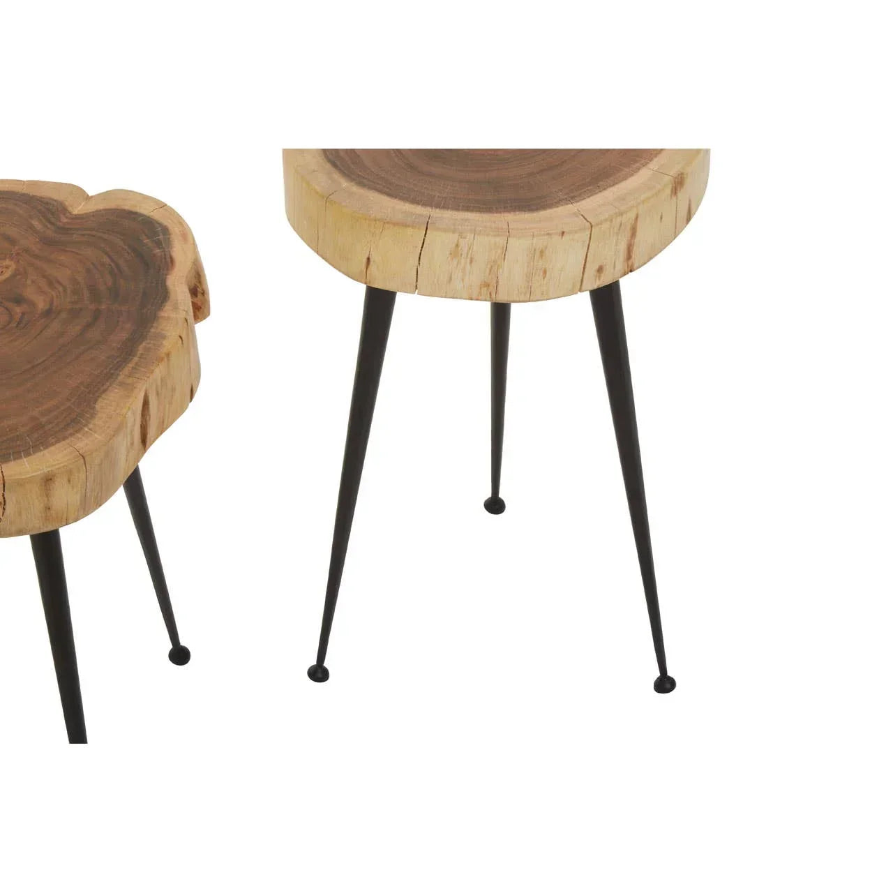 Rustic wood side tables with live edge tops and black metal legs, close up view