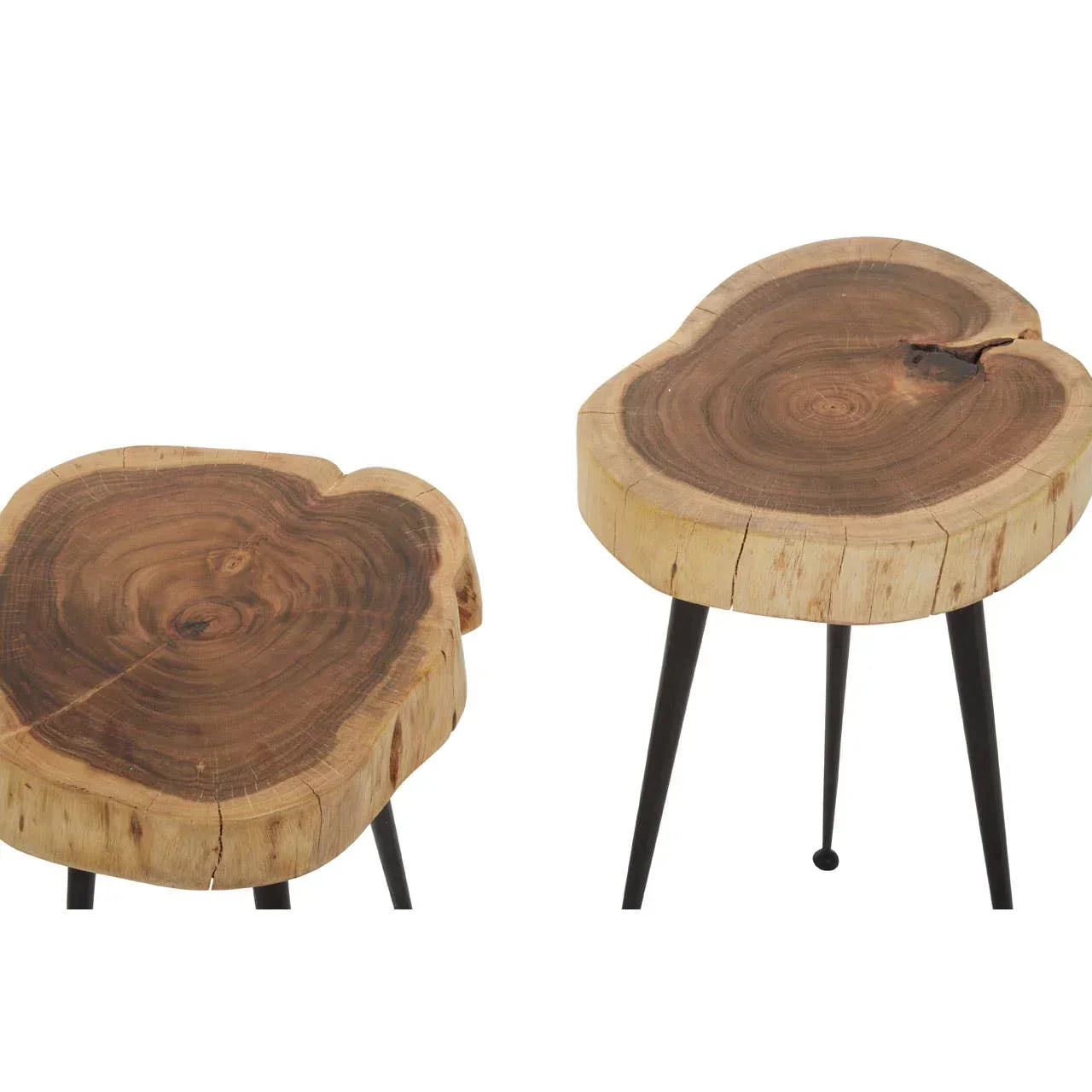 Set of two wooden side tables with natural tree trunk tops and black metal legs