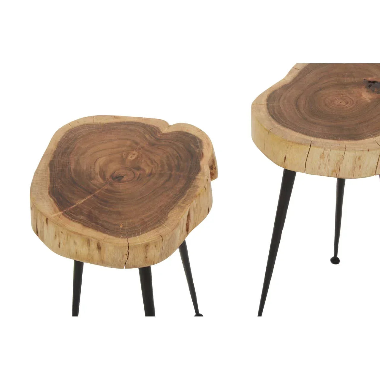 Solid wood side tables with natural edge tops and black metal legs, close-up view