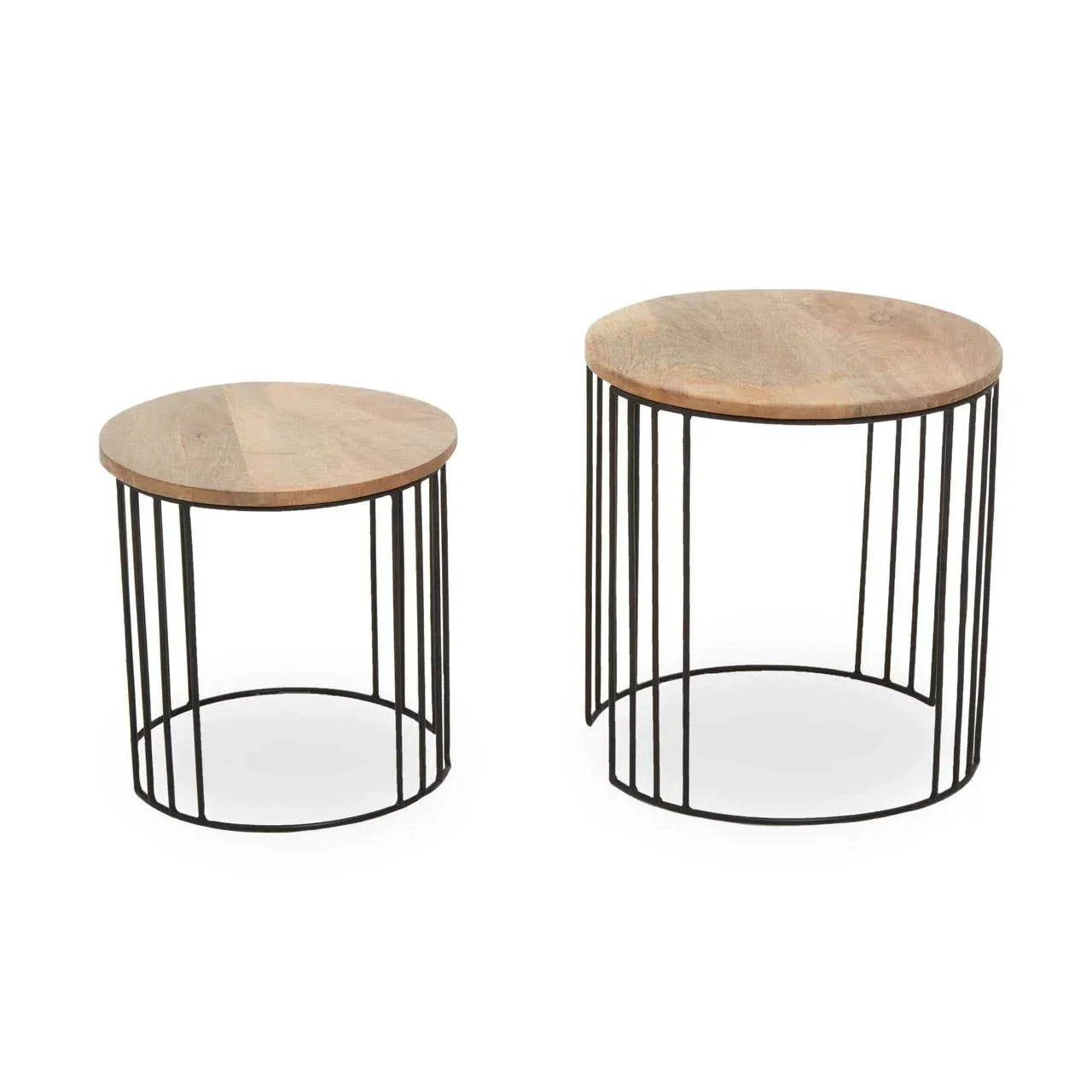 Round nesting side tables with light wood tops and black metal wire bases