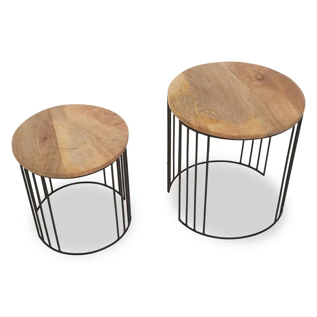 Round nest of tables with wooden tops and black metal frames on white background