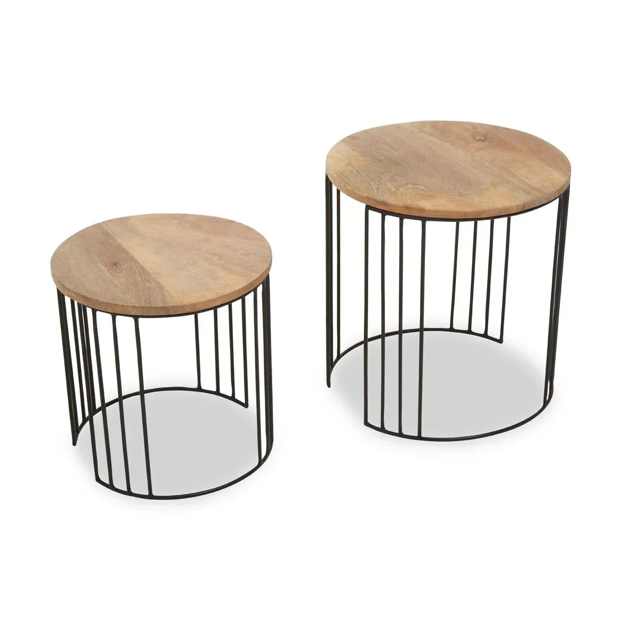 Round wooden nest of tables with black metal legs, set of two, on white background