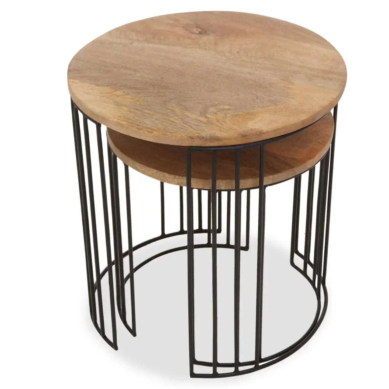 Round wooden nesting side tables with black metal frame, modern living room furniture