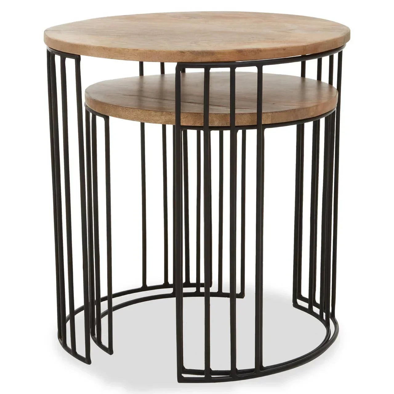 Round nested side tables with black metal frames and wooden tops