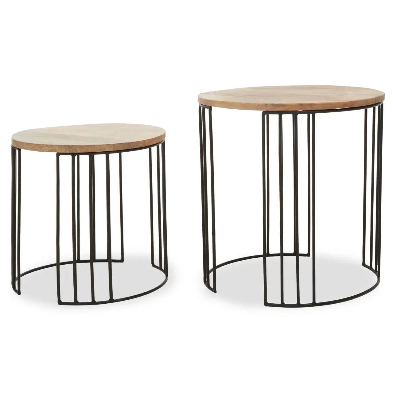 Pair of round nesting side tables with black metal frames and light wood tops