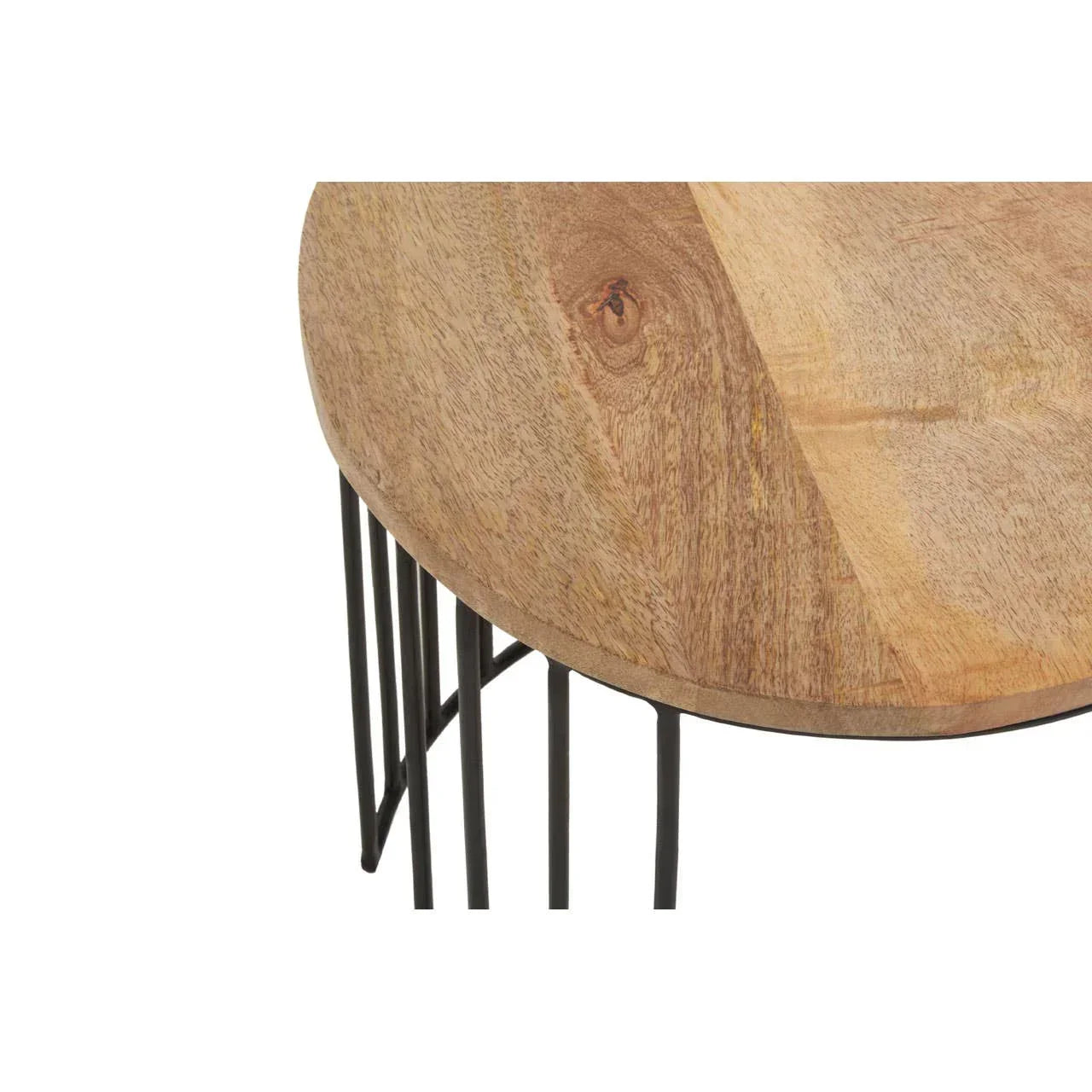 Round wooden side table with natural finish and black metal legs close view