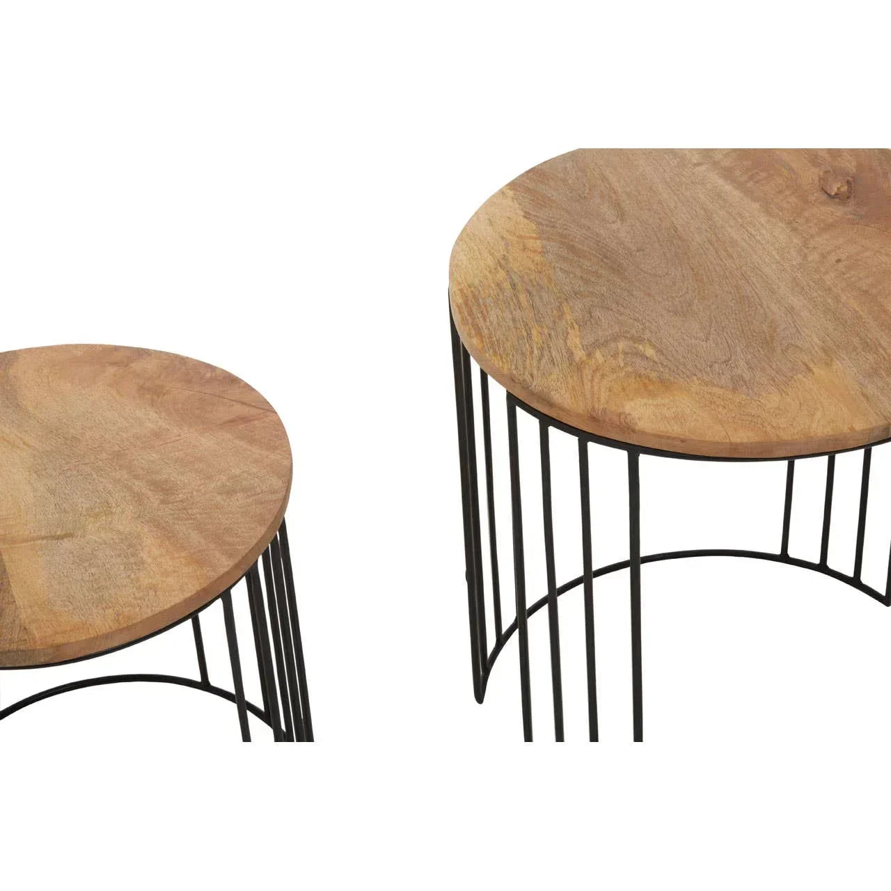 Round nesting side tables with natural wood tops and black metal frames