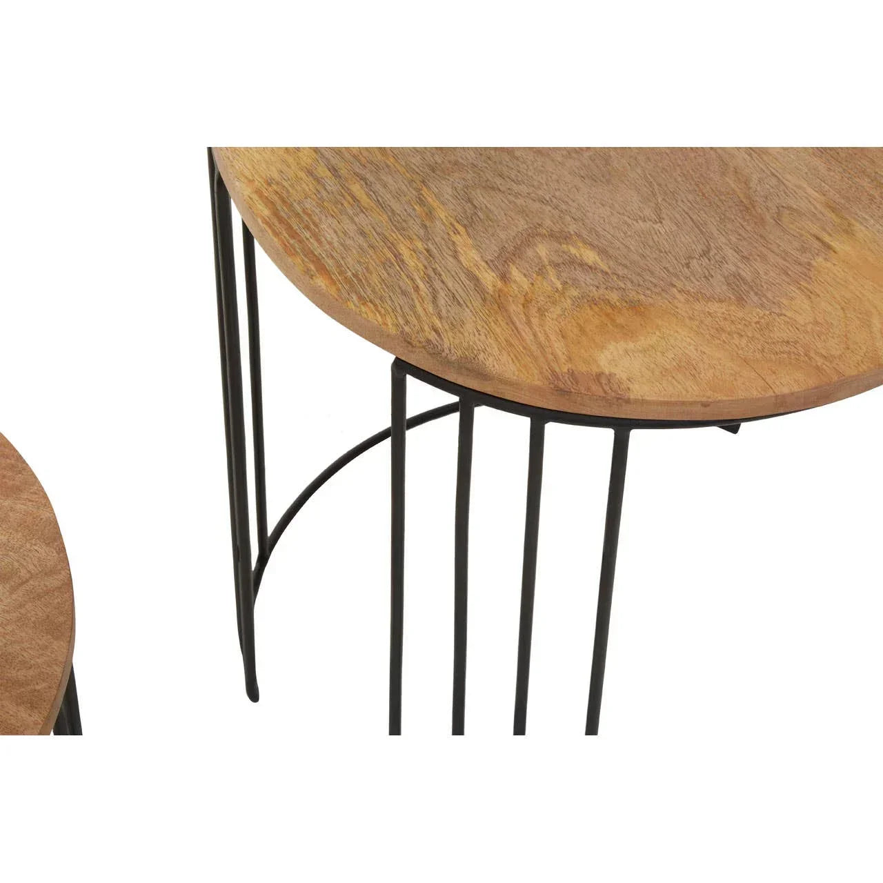 Round wooden side table with black metal legs, close up of tabletop and frame details
