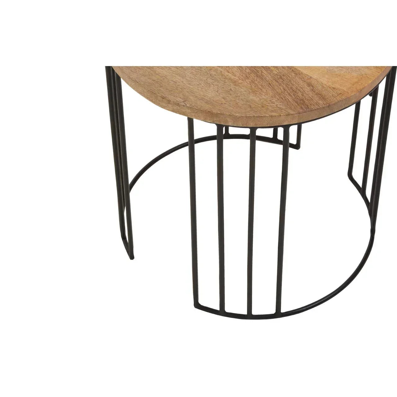 Round wooden side table with black metal frame and open base design