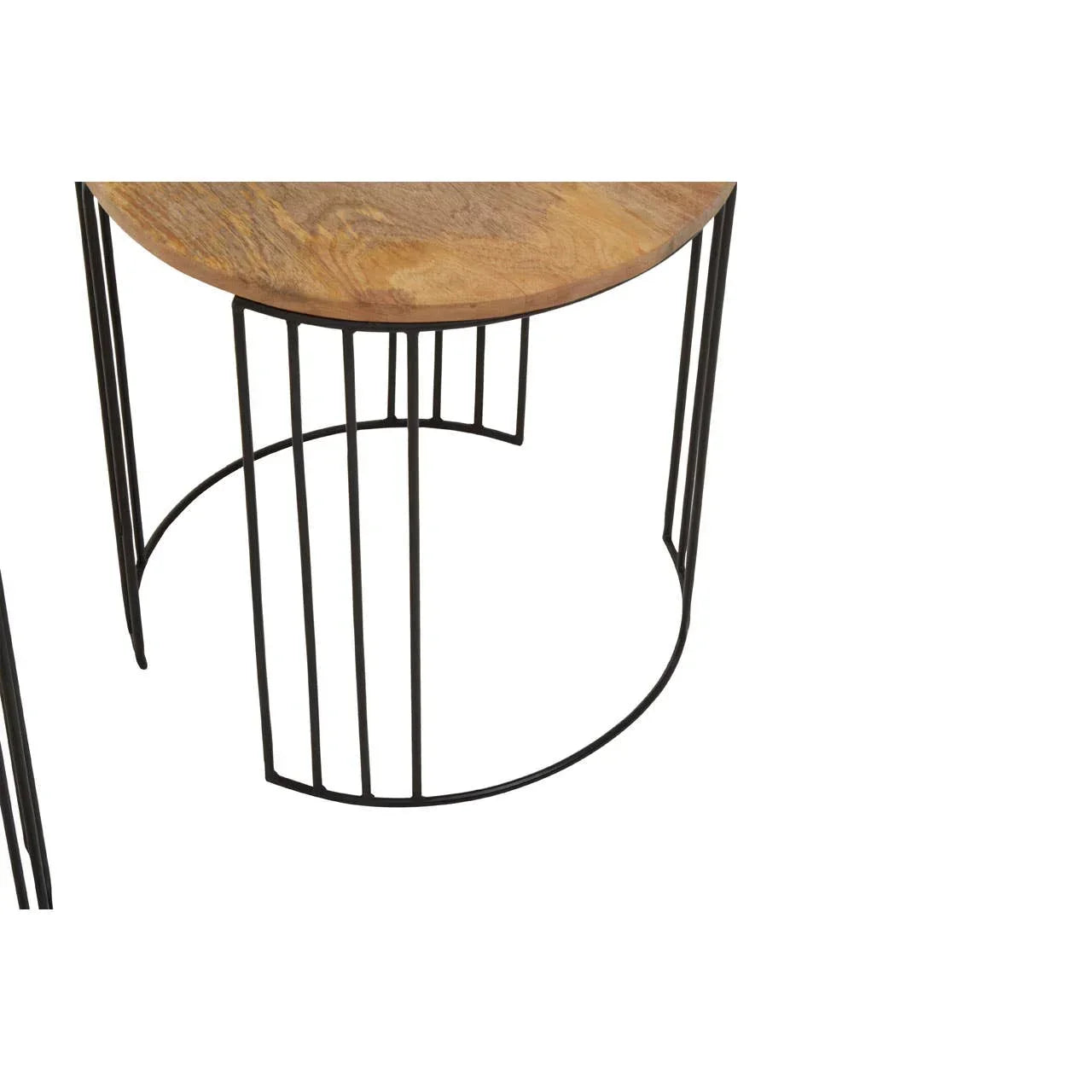 Round wooden side table with black metal base, close-up angle showing wood grain