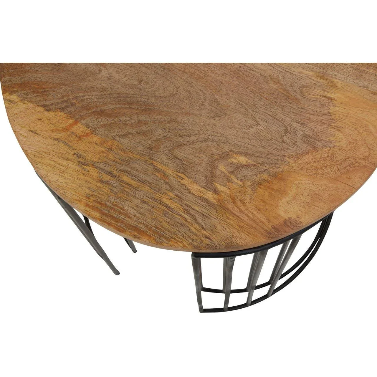 Round wood coffee table with black metal frame and natural grain top, angled view